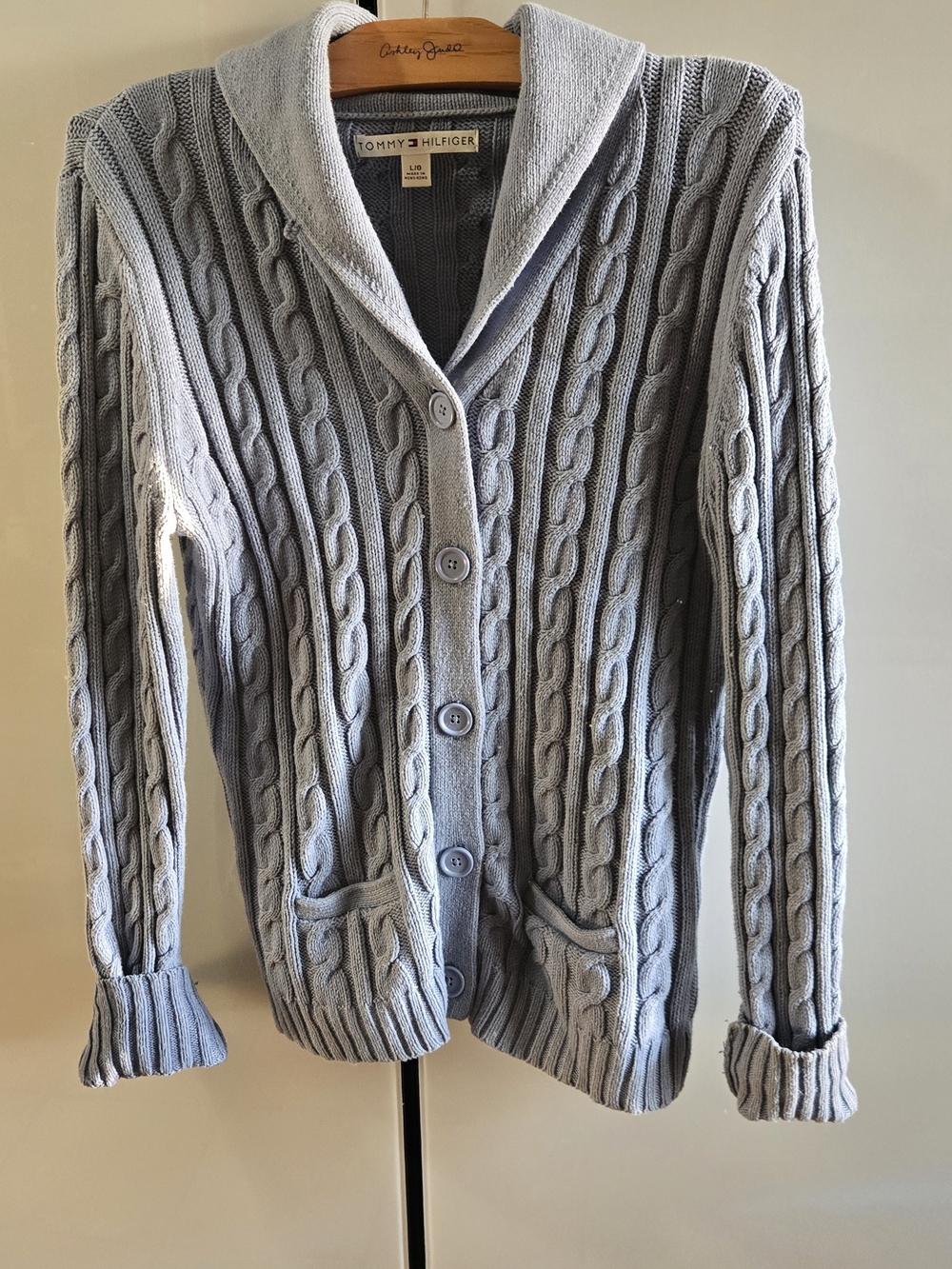 Tommy Hilfiger Women's Light Blue Cable-Knit Shawl Collar Cardigan
